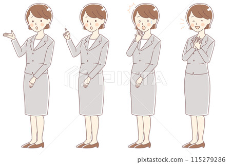 穿著西裝、表情各異、姿勢各異的女人[困惑的表情、驚訝、寬慰] 115279286