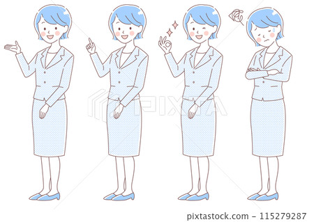 簡單的觸摸/穿著西裝的女人有各種表情和姿勢[藍色，微笑，好的，擔心] 115279287