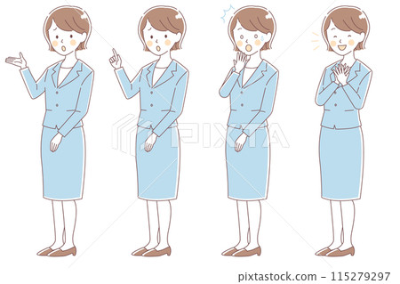 穿著西裝、表情各異、姿勢各異的女人[困惑的表情、驚訝、寬慰] 115279297