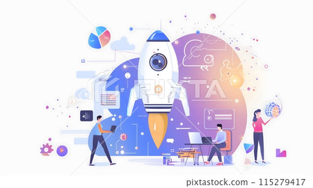 2D Illustration - Illustration of a rocket launching, surrounded by people and various tech-related icons 115279417