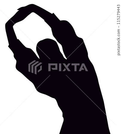 Silhouette of a woman with her hands clasped together and stretched above her head, tilting her body to one side Silhouette of a woman with her hands clasped together and stretched above her head, tilting her body to one side 115279443