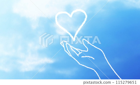 Upward-facing hand and heart line drawing and blue sky_wide 115279651