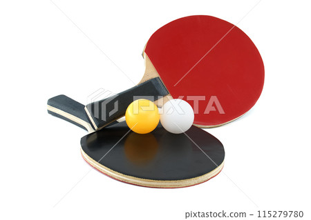 Ping pong paddles and balls isolated on white background 115279780