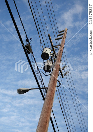High Voltage Power Lines line wooden Utility pole High Voltage Power Lines line wooden Utility pole 115279837