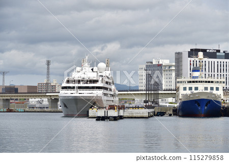 Photographing the cruise ship Le Soléal calling at Hakodate Port in Hakodate, Hokkaido in early summer 115279858