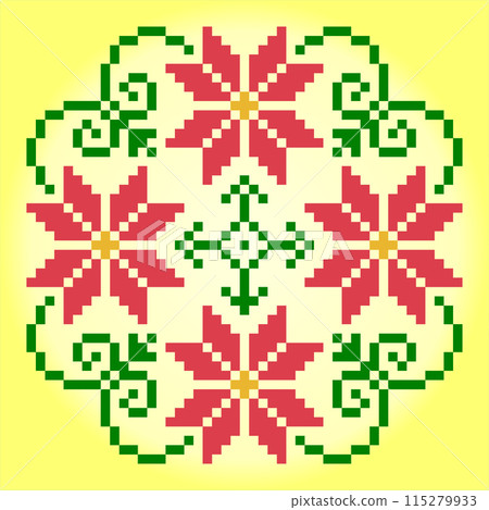 8 bit pixel flower ornaments. Circle of flowers for cross stitch patterns, in vector illustrations. 8 bit pixel flower ornaments. Circle of flowers for cross stitch patterns, in vector illustrations. 115279933