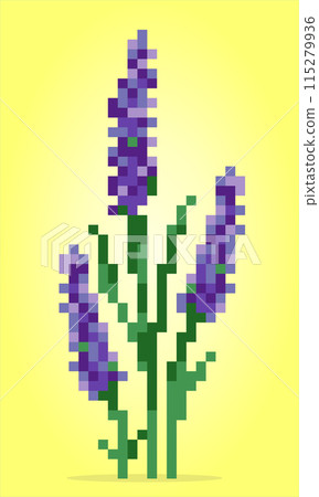 8 bit pixels of lavender flower. violet flowers for Cross Stitch patterns, in vector illustrations. 8 bit pixels of lavender flower. violet flowers for Cross Stitch patterns, in vector illustrations. 115279936