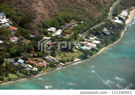 Aerial view of slopes of Diamond Head crater leading to the sea Aerial view of slopes of Diamond Head crater leading to the sea 115280001