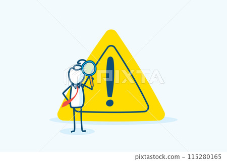 businessman stick figure character with magnifier glass monitor. investigate incident with exclamation attention sign. solving problem management, identify risk concept. hand drawn doodle illustration businessman stick figure character with magnifier glass monitor. investigate incident with exclamation attention sign. solving problem management, identify risk concept. hand drawn doodle illustration 115280165