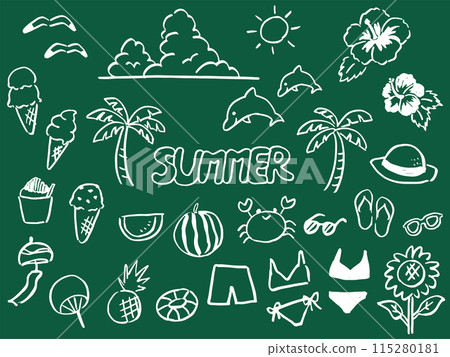 Cute summer item set - White chalk style on blackboard 115280181