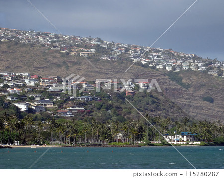 Kahala Beach, coconut trees, ocean and Hilltop homes 115280287