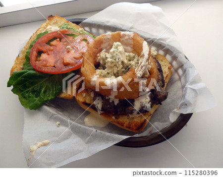"Blue Holes" Burger Onion Rings and Blue Cheese crumbles 115280396