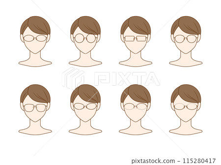 Vector illustration set of a woman wearing glasses Vector illustration set of a woman wearing glasses 115280417