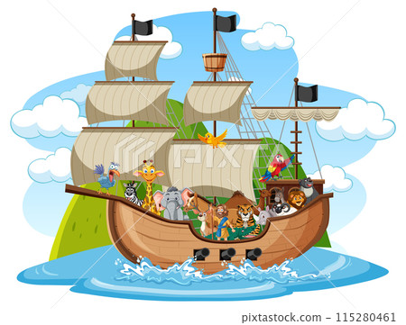 Animals Sailing on a Wooden Ship 115280461