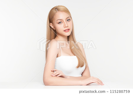 Beautiful young asian woman with clean fresh skin on white background, Face care, Facial treatment, Cosmetology, beauty and spa, Asian women portrait. Beautiful young asian woman with clean fresh skin on white background, Face care, Facial treatment, Cosmetology, beauty and spa, Asian women portrait. 115280759