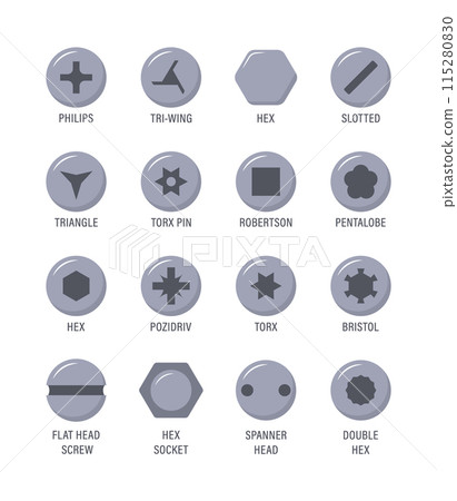 Set of metal screw heads. Stainless steel bolts. Silver nails and rivets. Top view. Vector illustration in flat style. Different hardware elements. Mechanic workshop icons 115280830