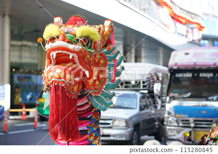 Scenes of Chinese New Year, Spring Festival, and lion dance in Bangkok, Thailand 115280845