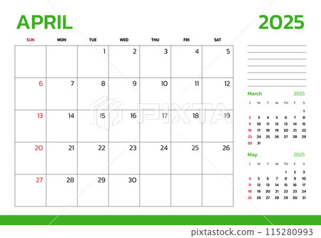 April 2025 Calendar. Week start on Sunday. Desk calendar 2025 design, simple and clean design, Wall calendar for print, digital calendar, Corporate design planner template vector. 115280993