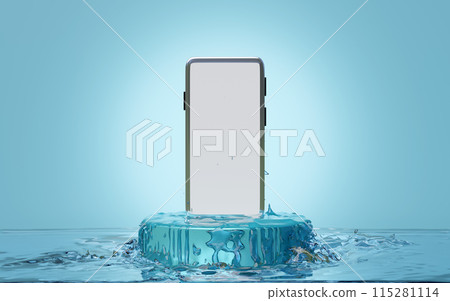Podium and smartphone rising from the water, Mobile smart phone waterproof. 3d render illustration 115281114