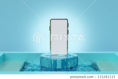 Podium and smartphone rising from the water, Mobile smart phone waterproof. 3d render illustration Podium and smartphone rising from the water, Mobile smart phone waterproof. 3d render illustration 115281115
