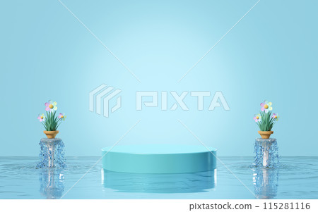 Podium empty with fountain, flower pot isolated on blue background. cosmetic display product stage, 3d illustration render Podium empty with fountain, flower pot isolated on blue background. cosmetic display product stage, 3d illustration render 115281116