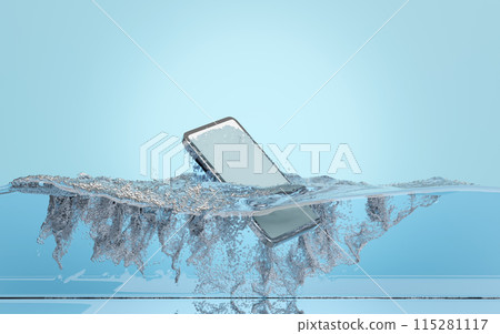 water dropping smartphone, mobile phone falls into water with bubble, water splash isolated on blue background. cell phone damaged, 3d illustration render water dropping smartphone, mobile phone falls into water with bubble, water splash isolated on blue background. cell phone damaged, 3d illustration render 115281117