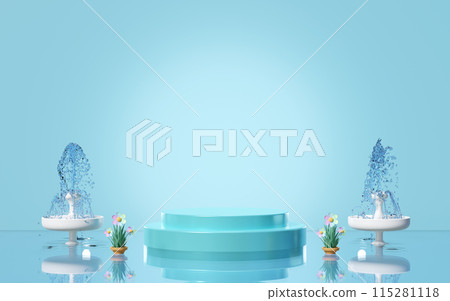 Podium empty with fountain, flower pot isolated on blue background. cosmetic display product stage, 3d illustration render Podium empty with fountain, flower pot isolated on blue background. cosmetic display product stage, 3d illustration render 115281118
