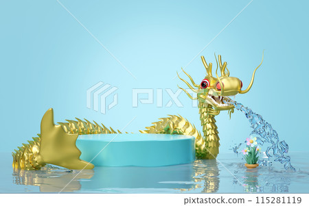 Podium empty with golden dragon spraying water, flower pot isolated on blue background. cosmetic display product stage, 3d illustration render Podium empty with golden dragon spraying water, flower pot isolated on blue background. cosmetic display product stage, 3d illustration render 115281119