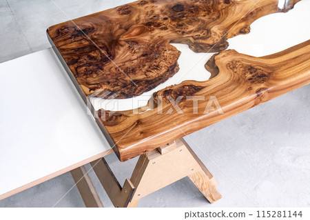 Live edge elm burl slab table top with central epoxy resin river 115281144