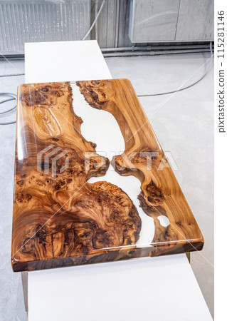 Live edge elm burl slab table top with central epoxy resin river Live edge elm burl slab table top with central epoxy resin river 115281146