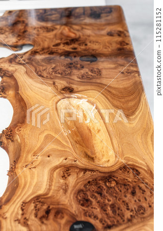 Live edge elm burl slab table top with central epoxy resin river 115281152