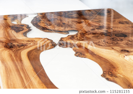 Live edge elm burl slab table top with central epoxy resin river Live edge elm burl slab table top with central epoxy resin river 115281155