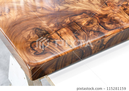 Live edge elm burl slab table top with central epoxy resin river 115281159