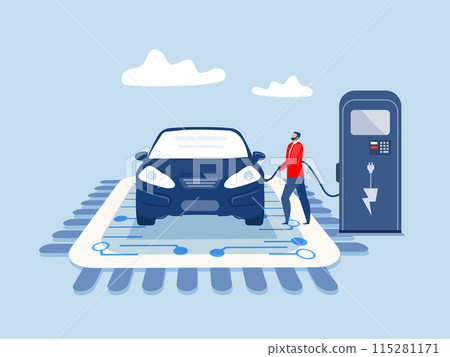 ECO or EV Car Charging with chip Green energy ,Electric vehicle charging technology charging electric car at station with charger. future technology concept. 115281171