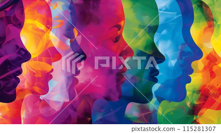 Abstract Background - Vivid side profiles in various colors, symbolizing unity and diversity in an abstract style 115281307