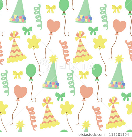 Seamless patter with birthday bonnets, balloons and serpentine in pastel colors. Vector flat illustration for birthday party on white background. Perfect for wrapping, wallpaper, kids textile 115281394