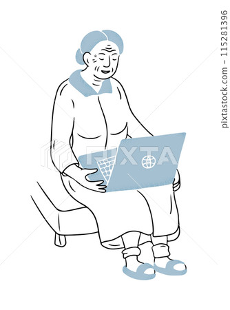 Elder smiling woman sitting with laptop and communicate with someone. Contrast doodle illustration isolated on white background. Vector outline drawing of active aging for logo, sticker Elder smiling woman sitting with laptop and communicate with someone. Contrast doodle illustration isolated on white background. Vector outline drawing of active aging for logo, sticker 115281396