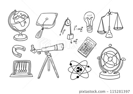 Physics contour doodle collection with academic hat and telescope. Monochrome educational outline stickers. Clipart of sketchy outline drawings isolated on white background 115281397