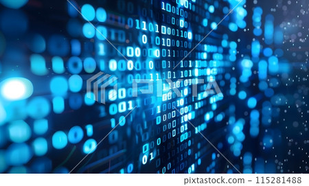 Abstract Background - Blue binary code streams glowing in a digital, abstract environment 115281488