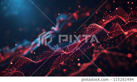 Abstract Background - A dark, digital landscape with red and blue lines, dots, and waves, creating a sense of depth and motion 115281494
