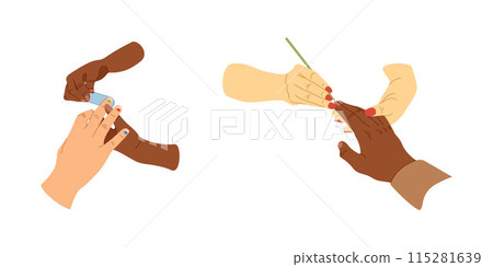 Specialist with nail tools making manicure for men. Vector set in flat style. Male manicure, trendy nails 115281639