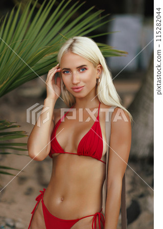 Blonde Woman in Red Bikini by Palm Tree During Sea Vacation Blonde Woman in Red Bikini by Palm Tree During Sea Vacation 115282044