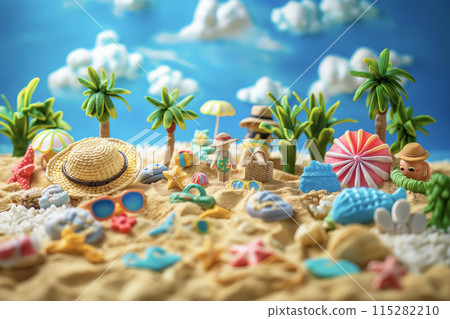 用彩色黏土工藝品製作的可愛夏日海灘場景 用彩色黏土工藝品製作的可愛夏日海灘場景 115282210