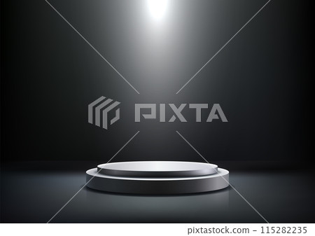 Minimalist 3D White Podium with Spotlight on a Black background for Product Mockup Minimalist 3D White Podium with Spotlight on a Black background for Product Mockup 115282235