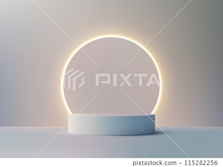Modern 3D White Podium with Neon Circular Light on Stage, Perfect for Product Display, Mockup Modern 3D White Podium with Neon Circular Light on Stage, Perfect for Product Display, Mockup 115282256