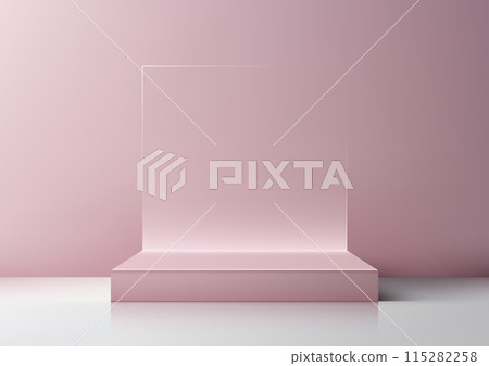 3D Pink Platform Podium with Square Glass Backdrop in Minimalist Studio Setting, Modern Concept for Product Display, Elegant Mockup 115282258