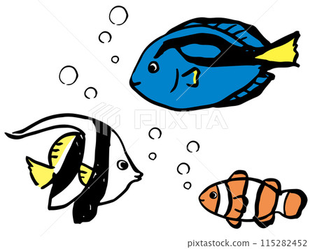Clownfish, blue tang and bannerfish Clownfish, blue tang and bannerfish 115282452