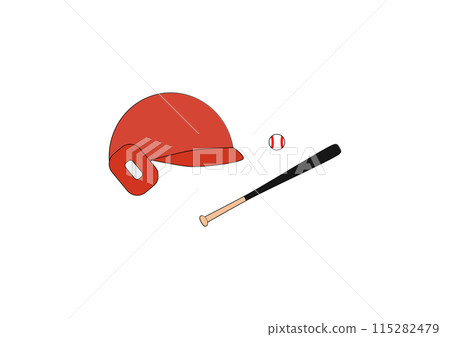 An illustration of a red baseball helmet, ball and bat 115282479
