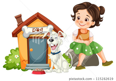 Girl with Dog and Doghouse 115282619