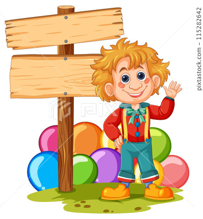 Cheerful Boy with Wooden Sign 115282642